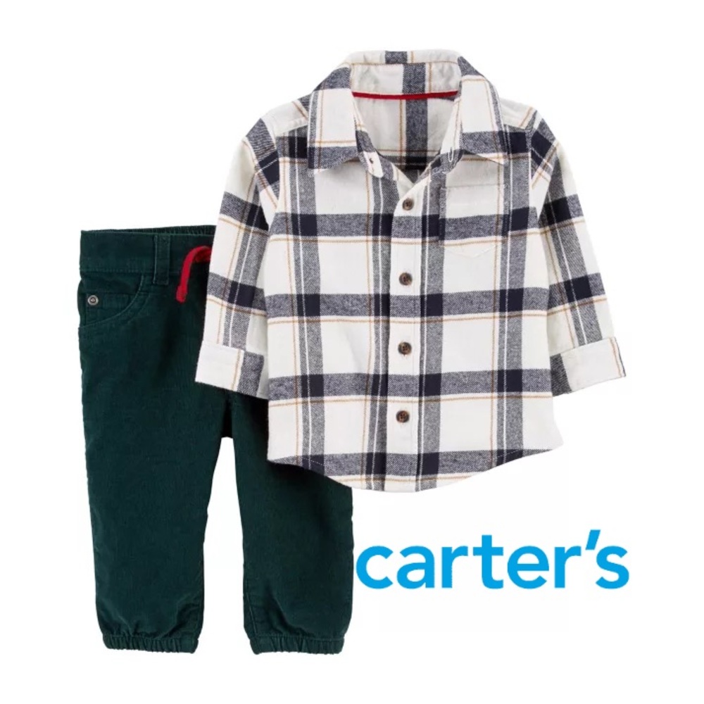 Carter’s Newborn 3 Piece Plaid Flannel Button-Up Shirt and Corduroy Pant Set